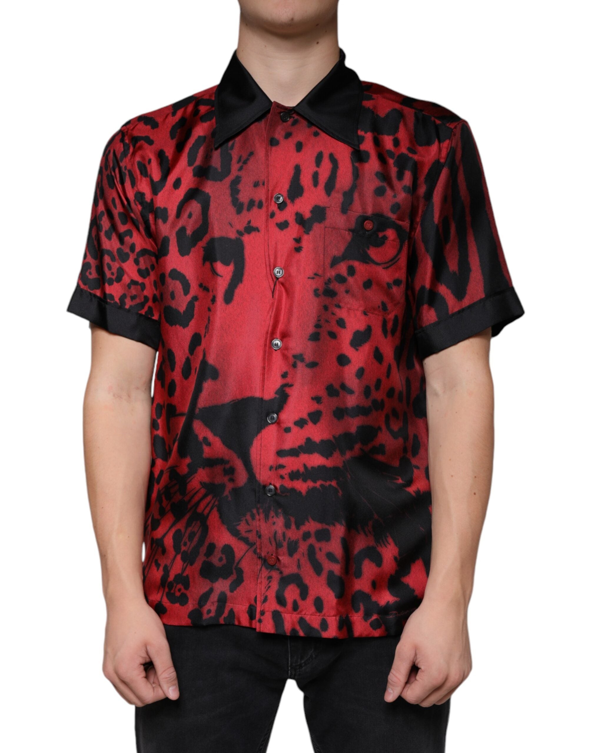 Dolce & Gabbana Red Leopard Silk Button-Down Shirt Casual Shirt